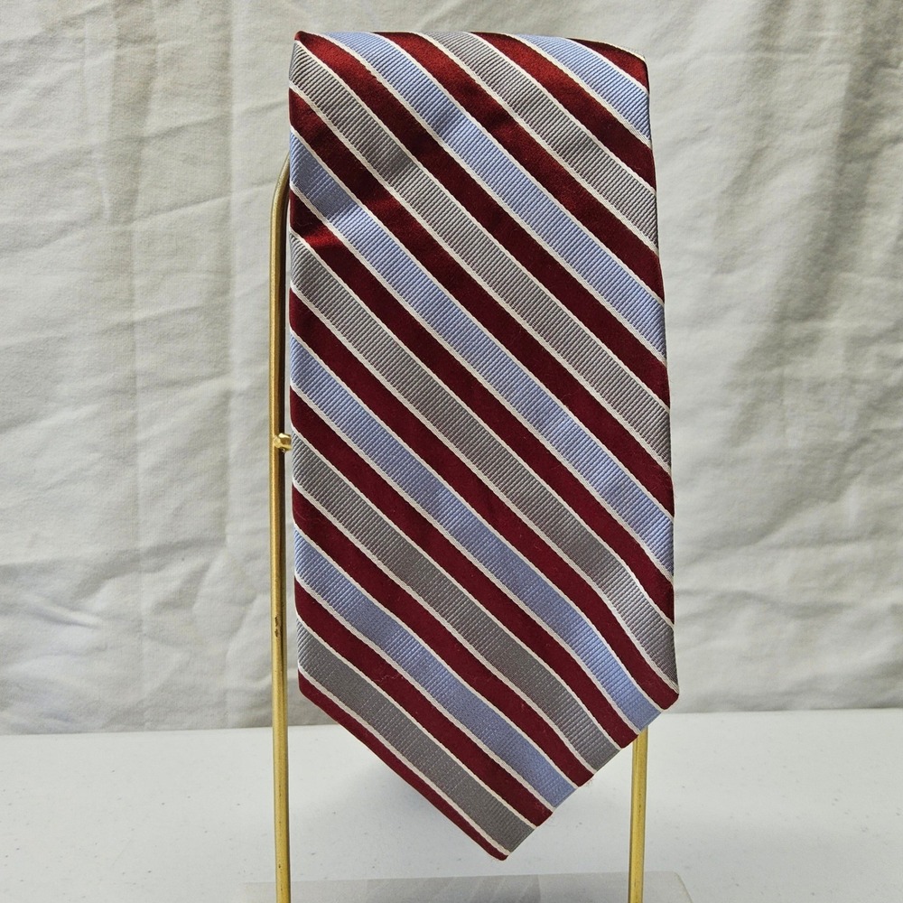 Tom James Executive Collection Tie‎ Mens OS Burgundy Red Blue Silver Silk Stripe